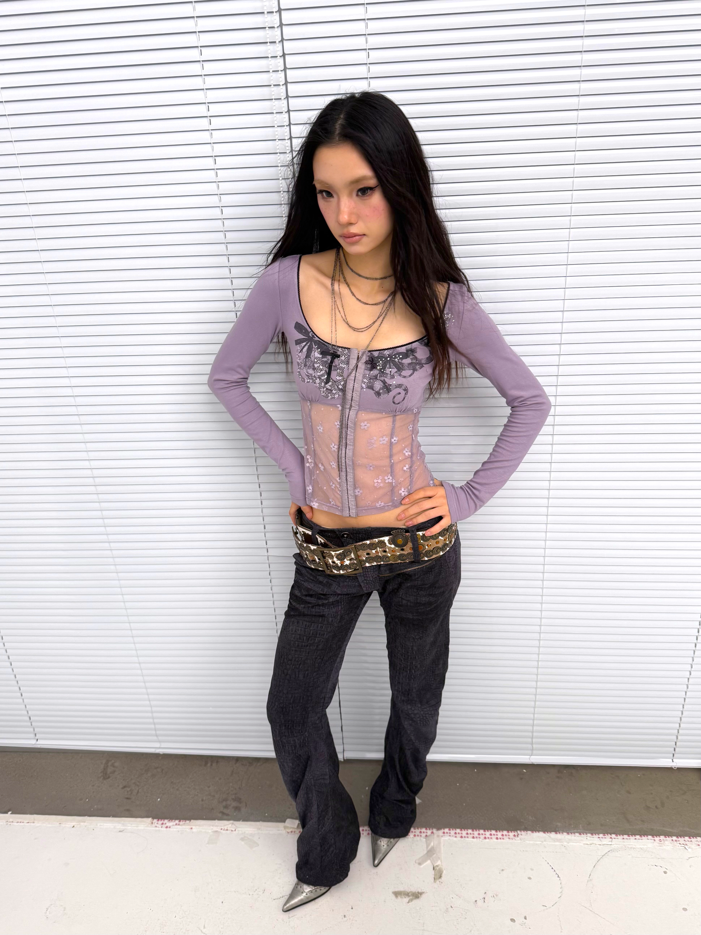 Printed Mesh & Knit Panel Long-Sleeve Top