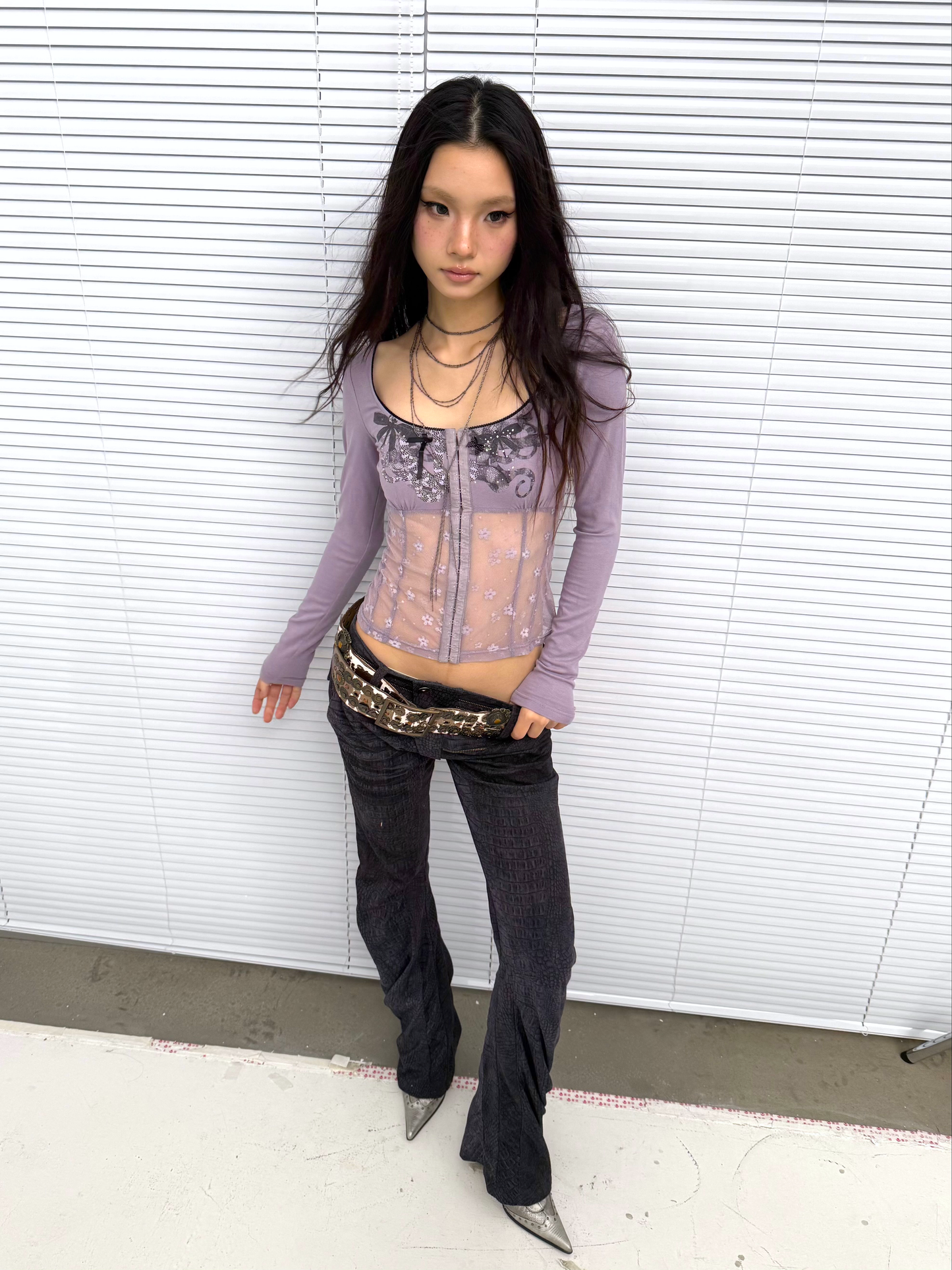 Printed Mesh & Knit Panel Long-Sleeve Top
