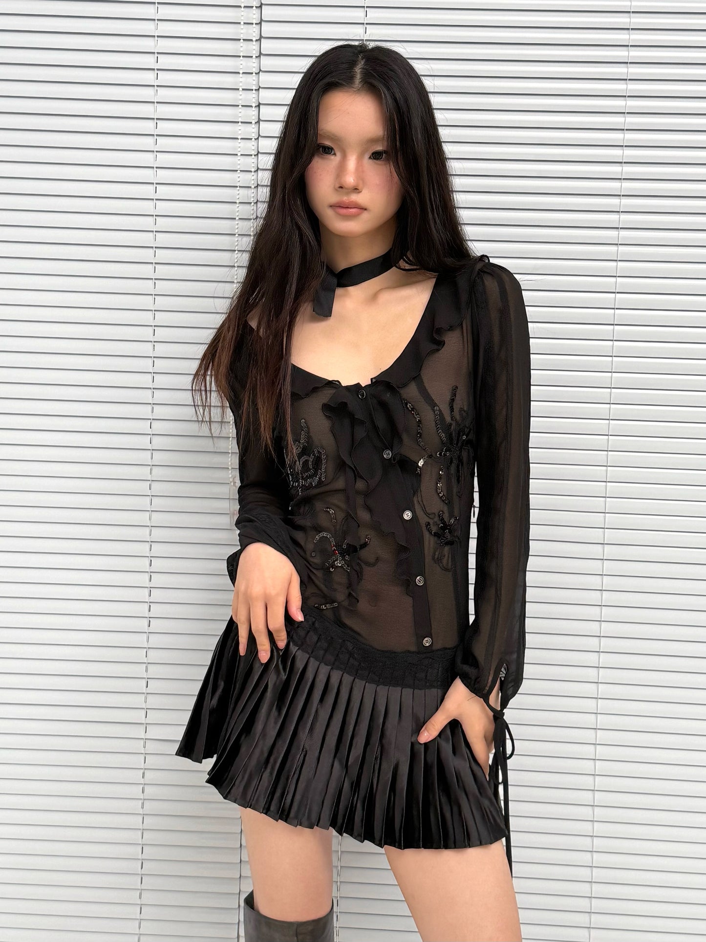 Chiffon Dress with Embroidered Sequins and Ruffle Insets