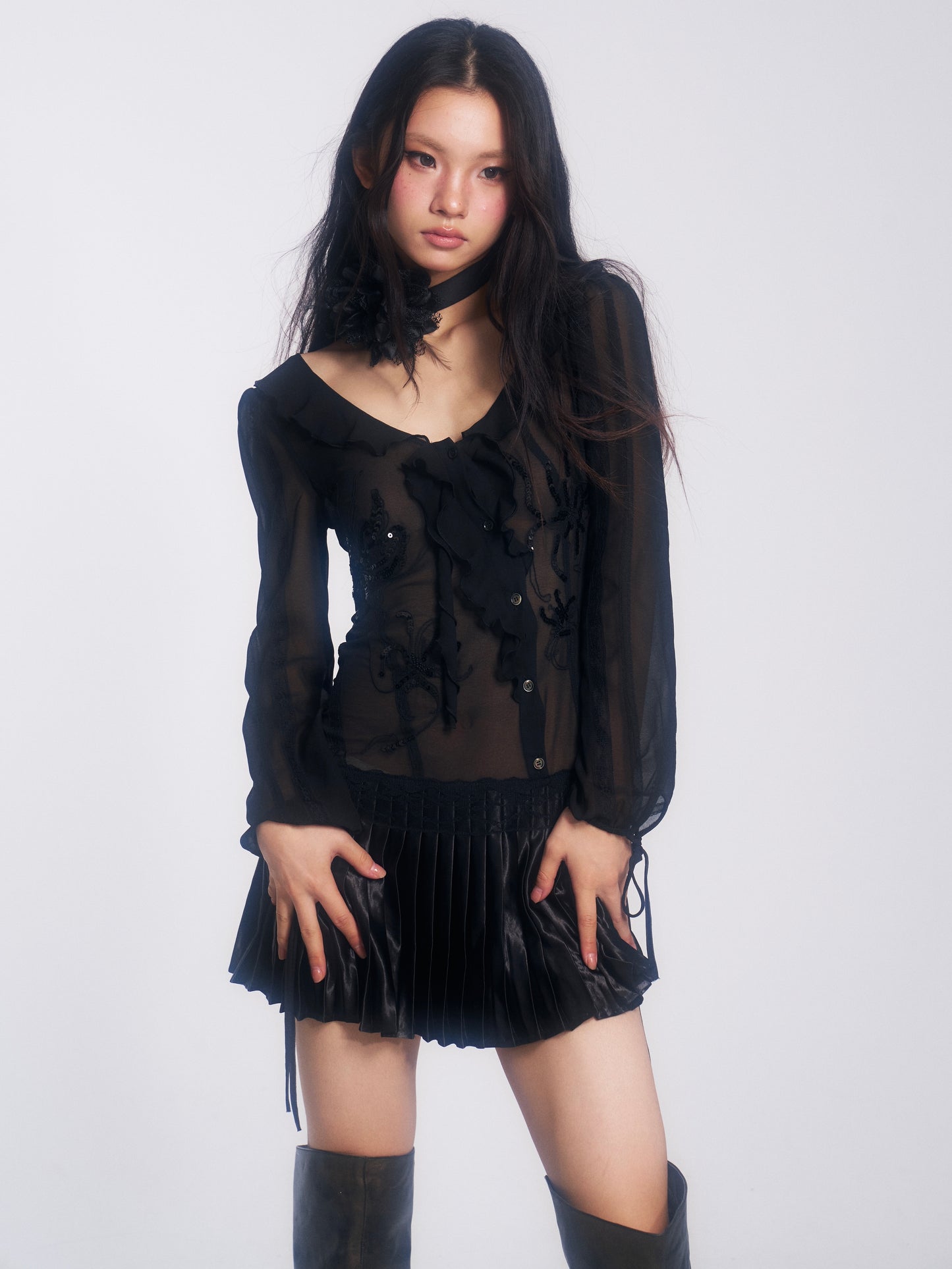 Chiffon Dress with Embroidered Sequins and Ruffle Insets