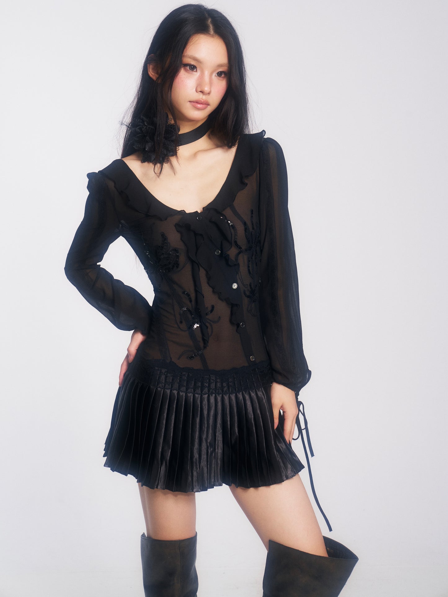Chiffon Dress with Embroidered Sequins and Ruffle Insets