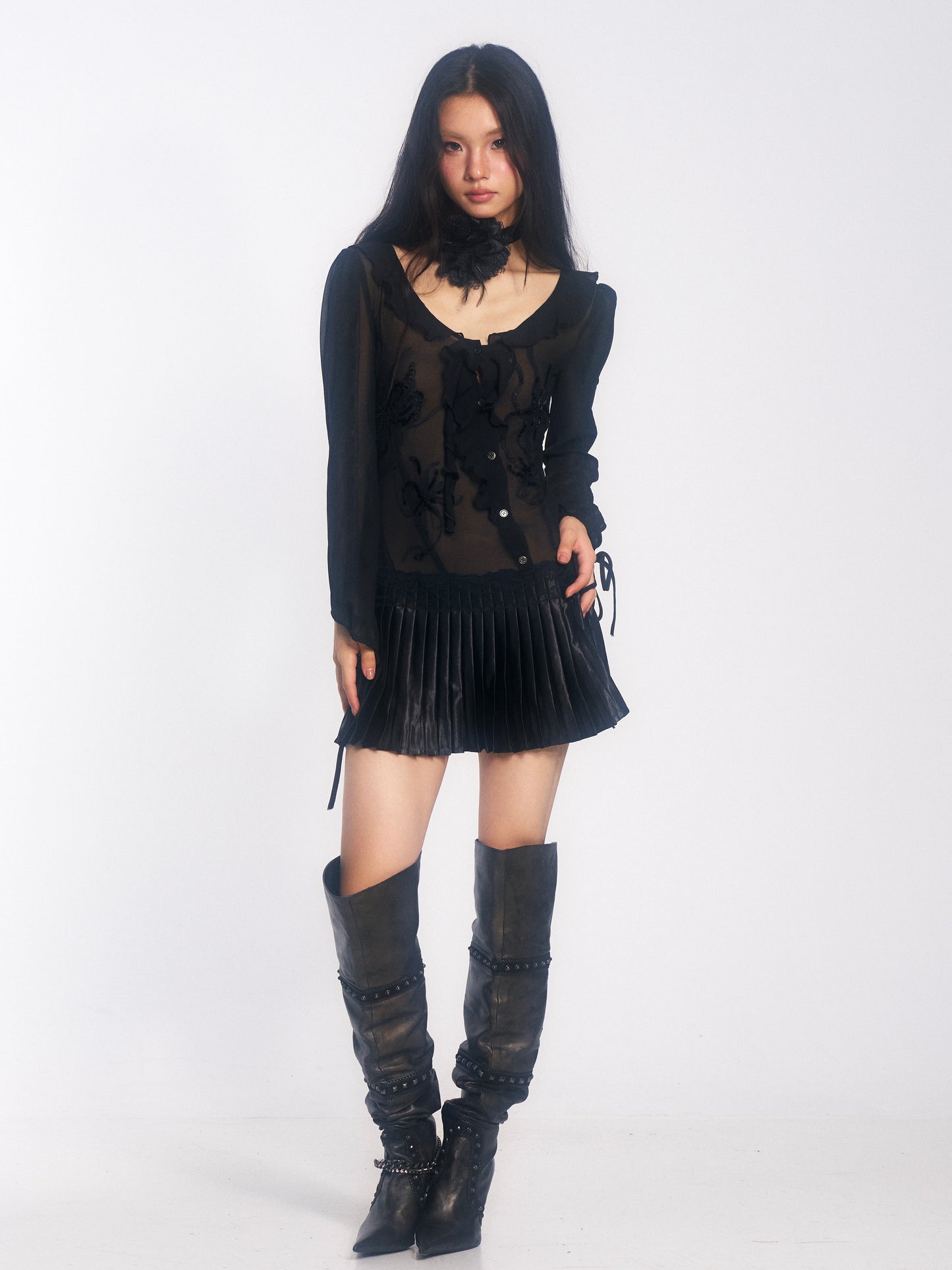 Chiffon Dress with Embroidered Sequins and Ruffle Insets