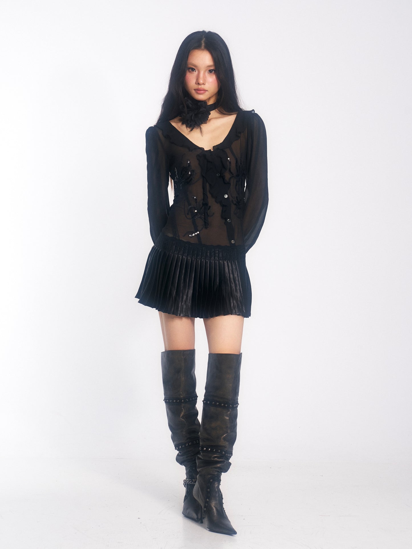 Chiffon Dress with Embroidered Sequins and Ruffle Insets