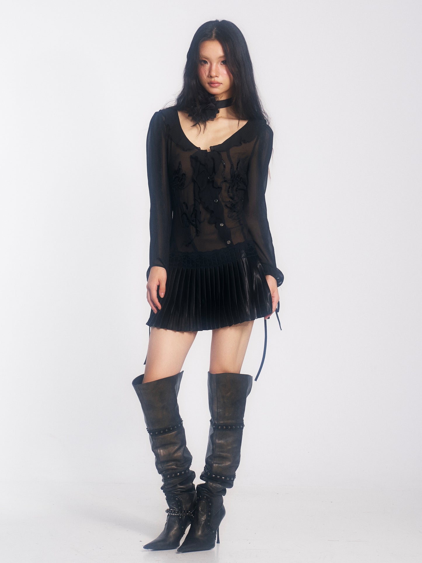Chiffon Dress with Embroidered Sequins and Ruffle Insets