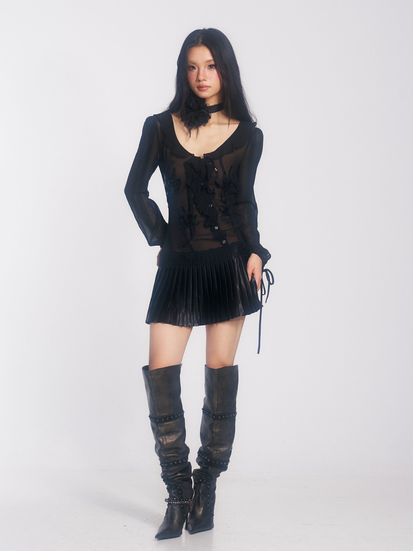 Chiffon Dress with Embroidered Sequins and Ruffle Insets