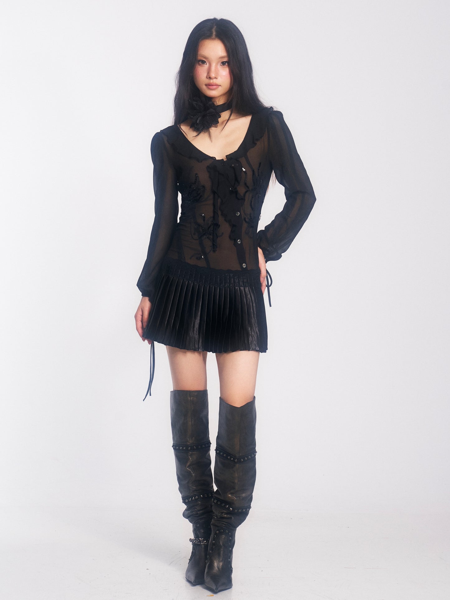 Chiffon Dress with Embroidered Sequins and Ruffle Insets