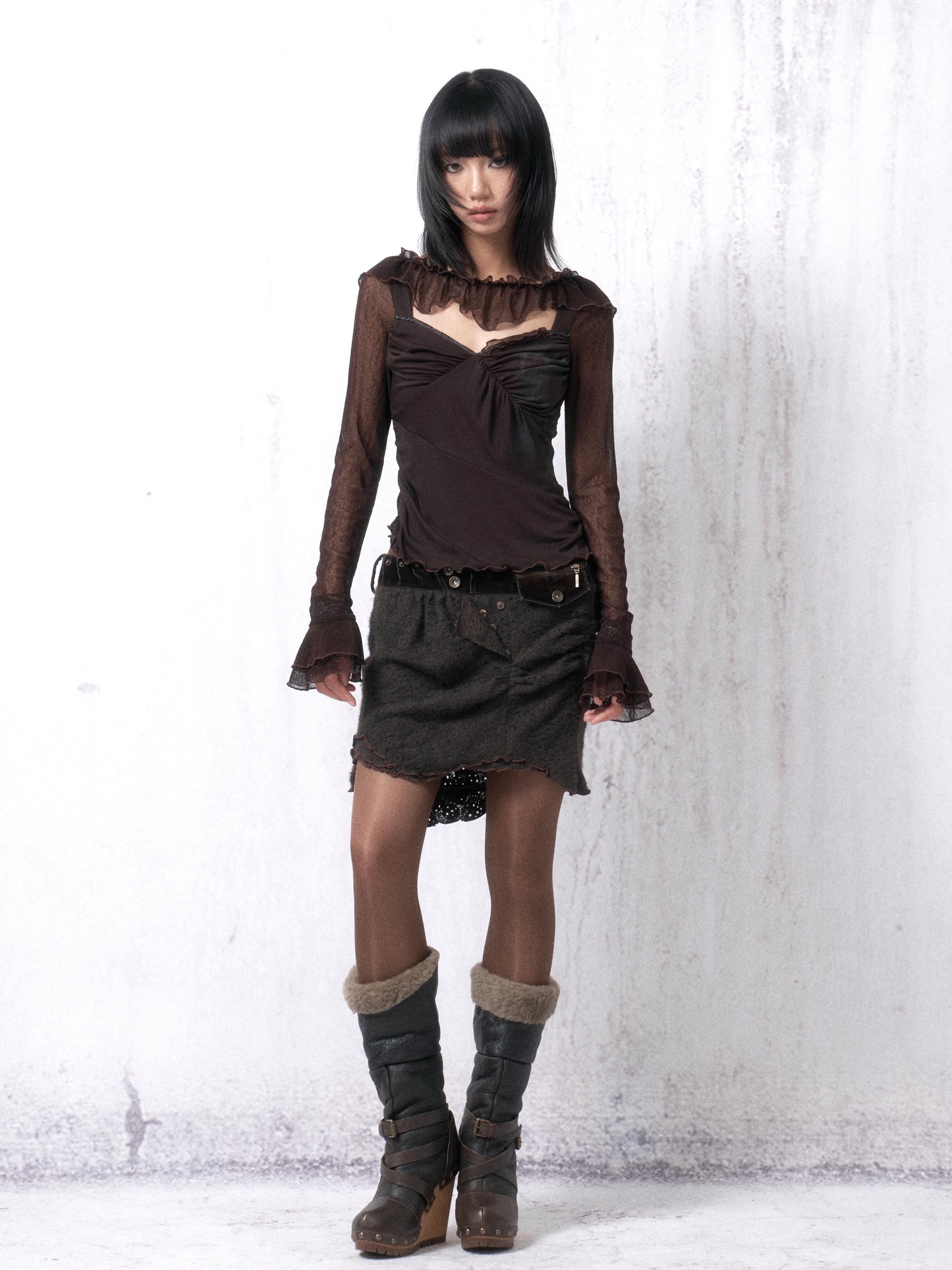 Printed Knit Top with Lace Panels and Lace-Trimmed Collar