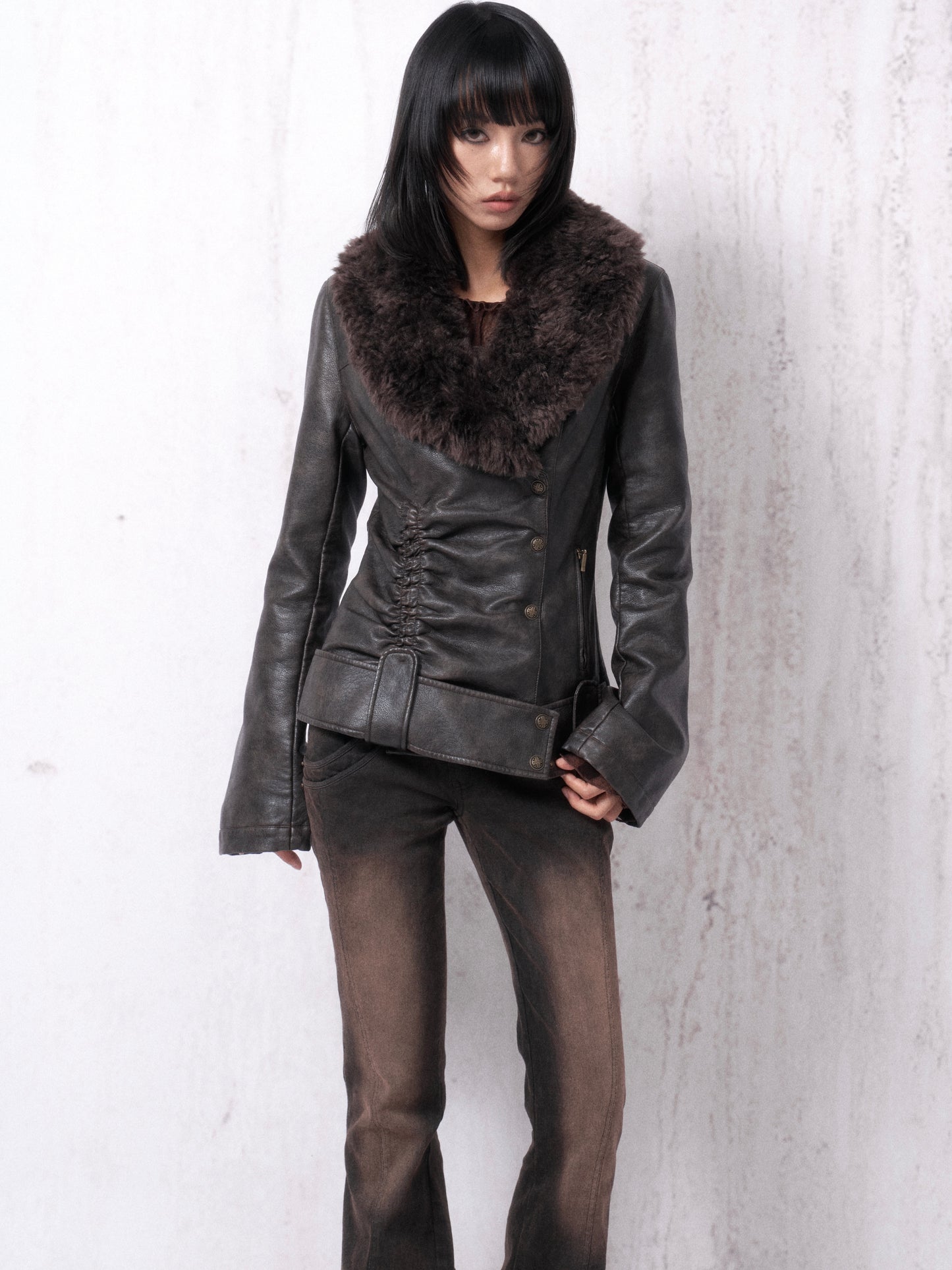 Gathered Leather Jacket with Fur Collar