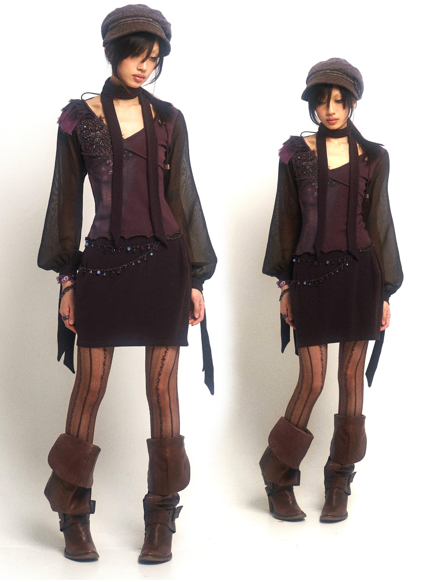 Printed knit and mesh patchwork dress
