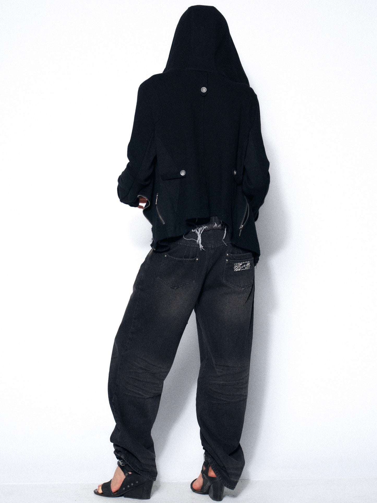 Distressed Denim Jeggings with Ribbed Paneling and Elastic Waist