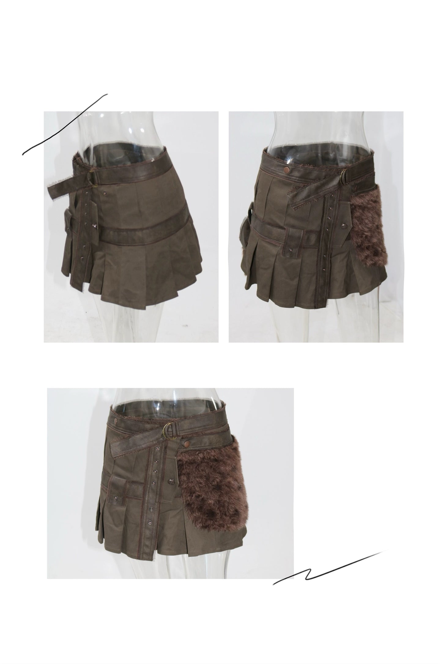 One-piece mini skirt with artificial leather and fur patching
