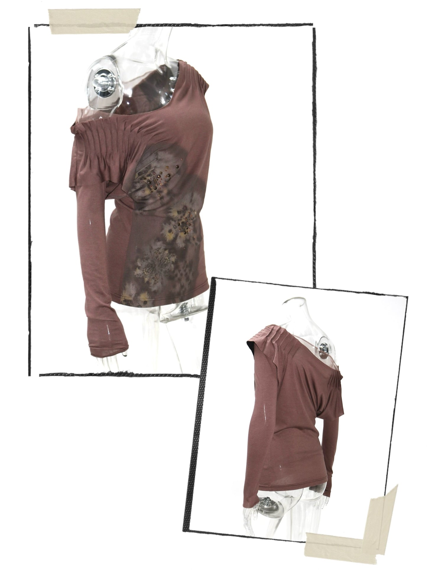 Knitted top with floral print pattern and draped neckline