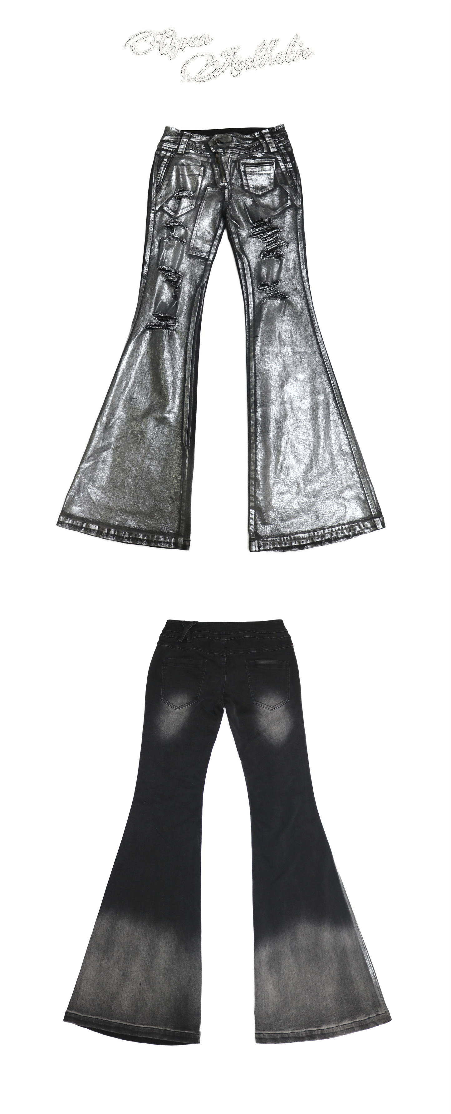Metallic Rebel Distressed Stretch Jeans with Rips & Slight Flare