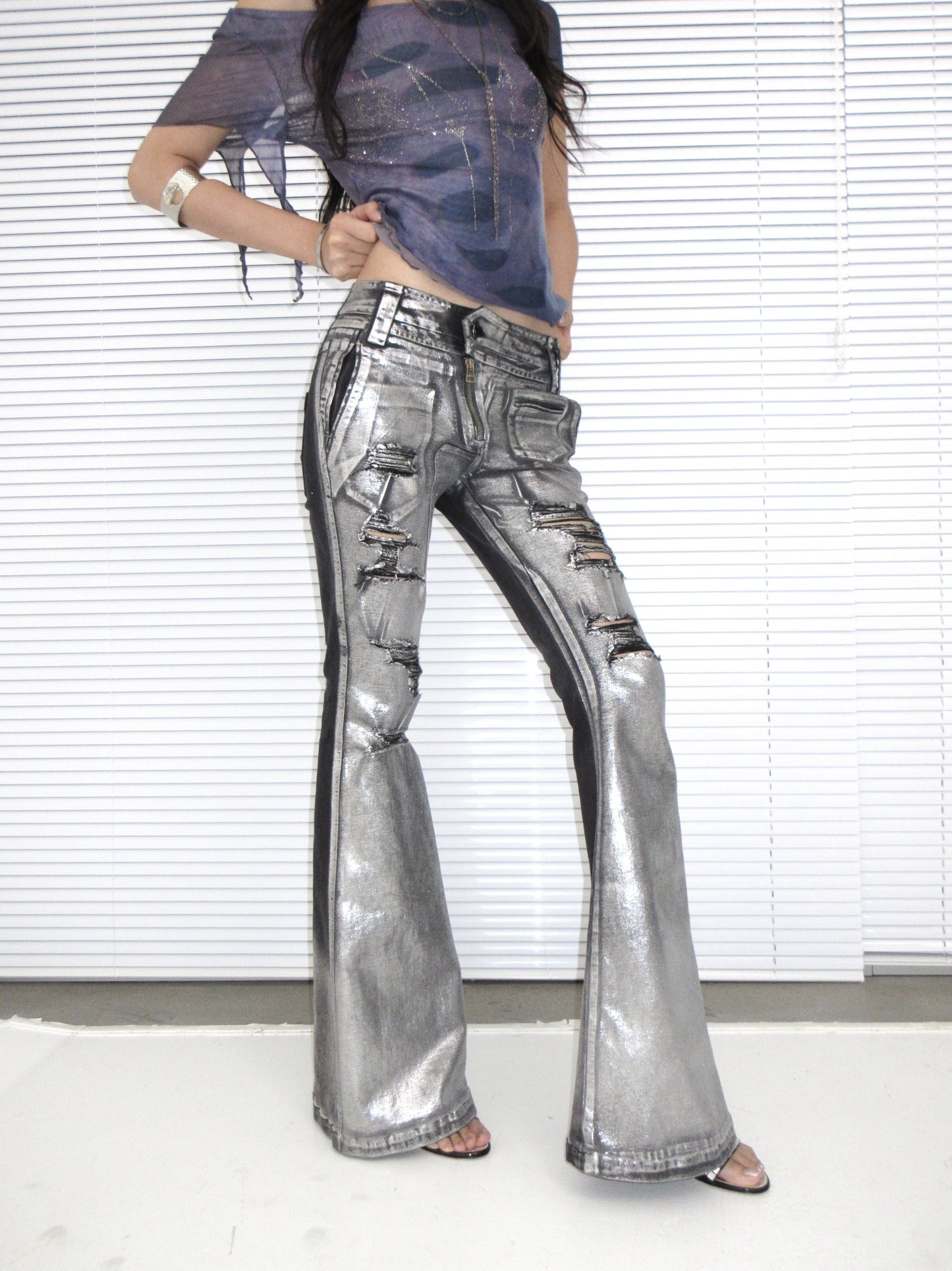 Metallic Rebel Distressed Stretch Jeans with Rips & Slight Flare