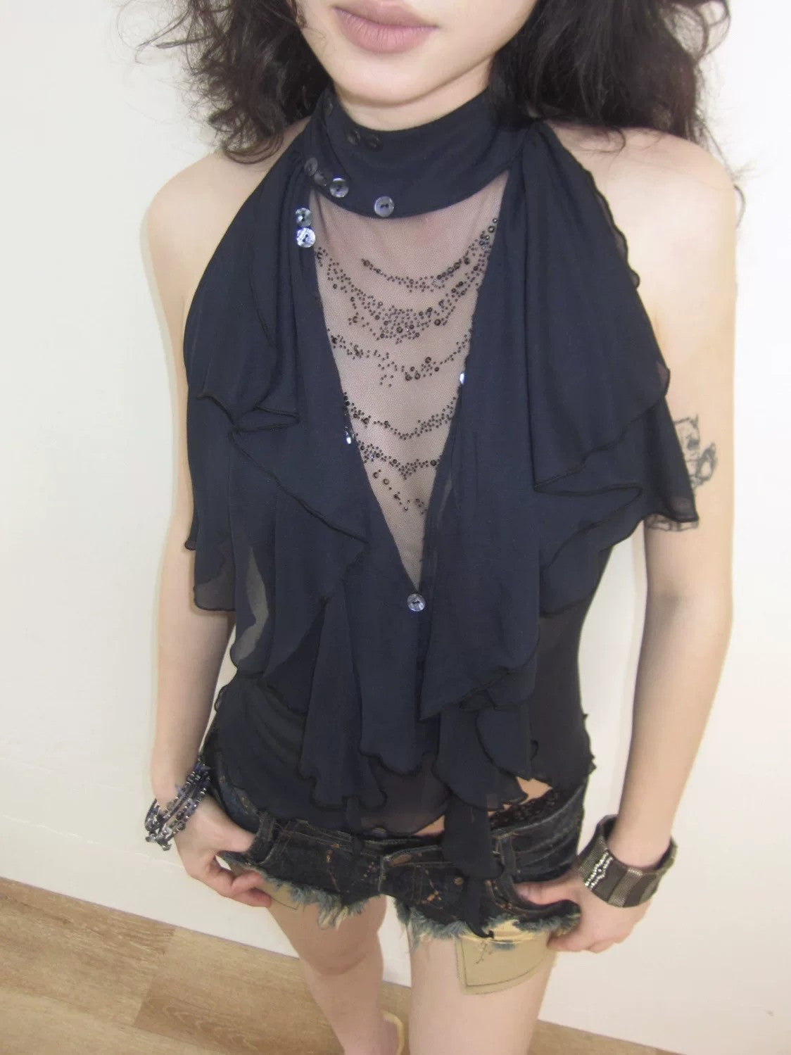 Rhinestone Ruffle Sheer Mesh Halter Top with Open Back