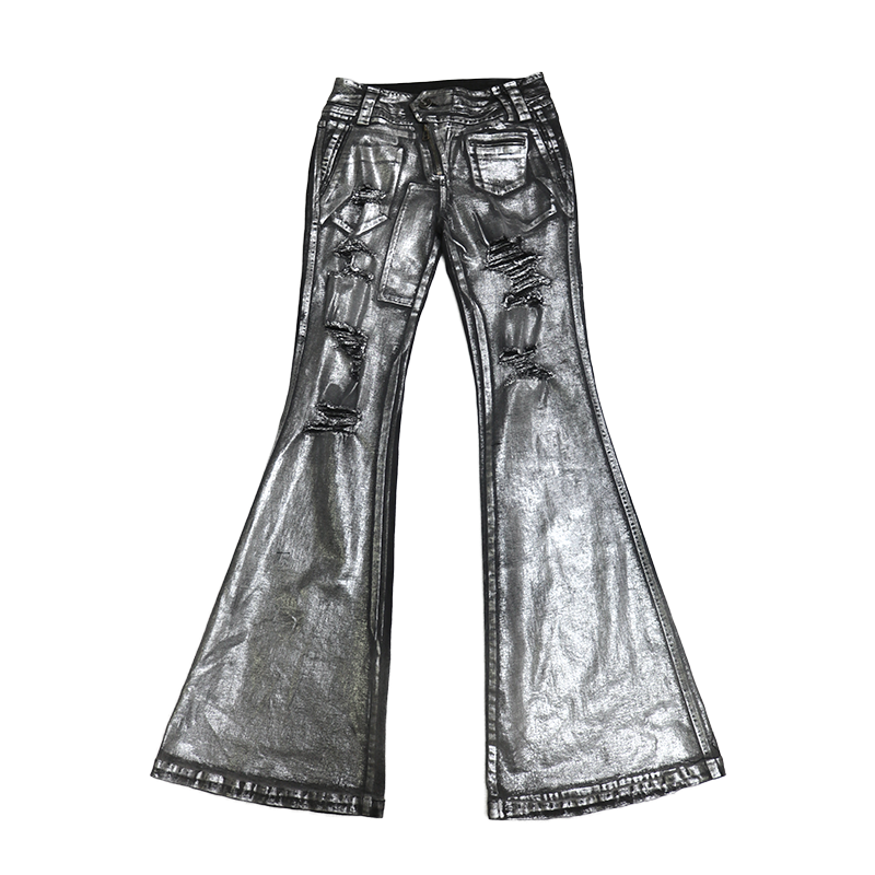 Metallic Rebel Distressed Stretch Jeans with Rips & Slight Flare