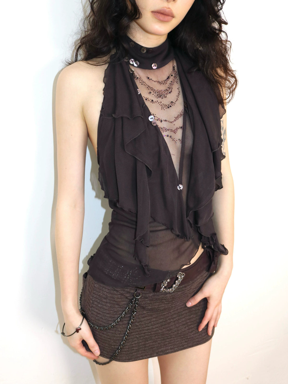 Dark Reddish-Brown Stretch Knit Low-Rise Mini Skirt with Rhinestone Chain Belt