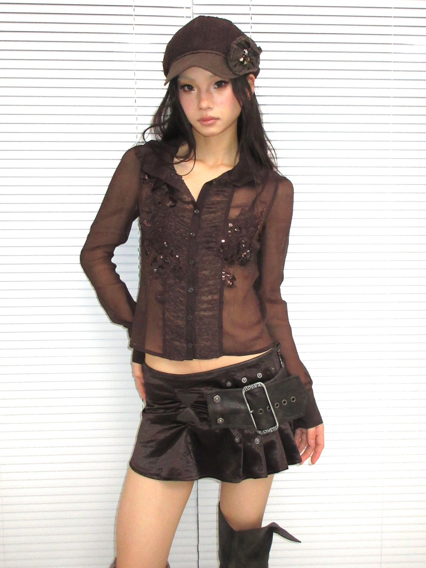 Brown Long-Sleeve Chiffon Blouse with Beaded Embroidery Panels