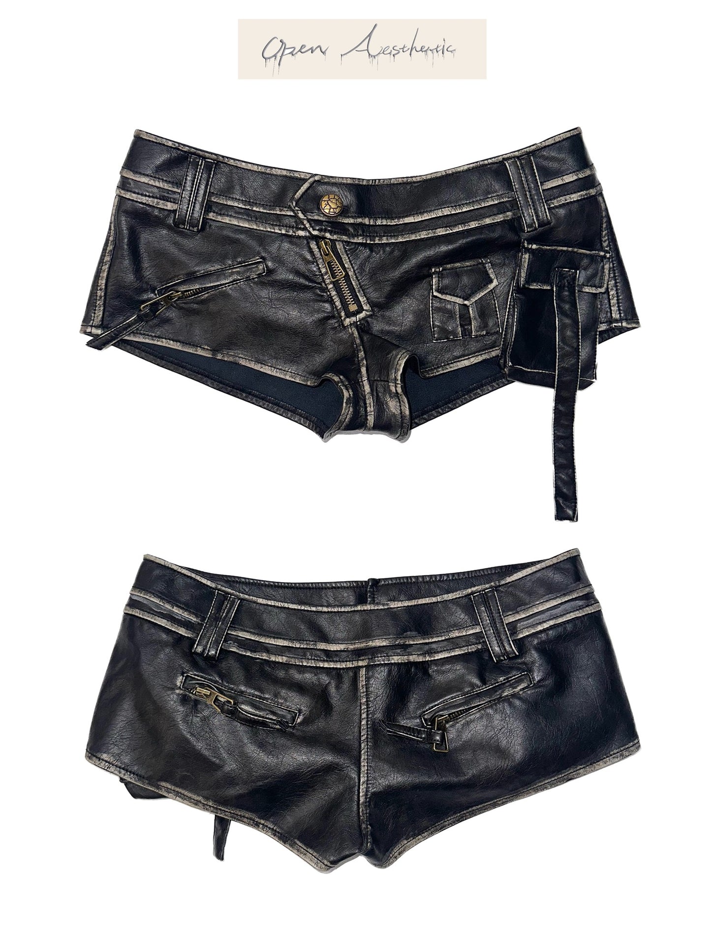 Retro punk wipe color faux leather low-waisted short shorts