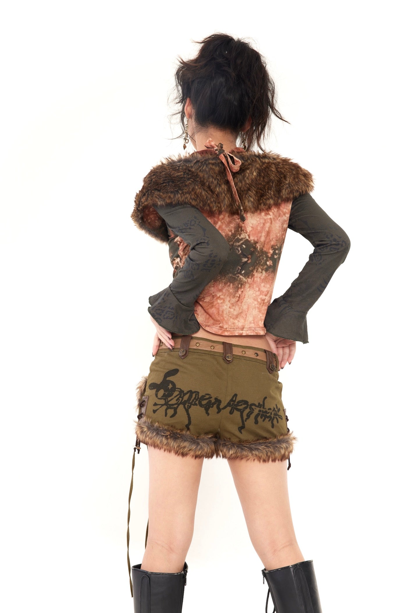 Wool-collar spliced printed top