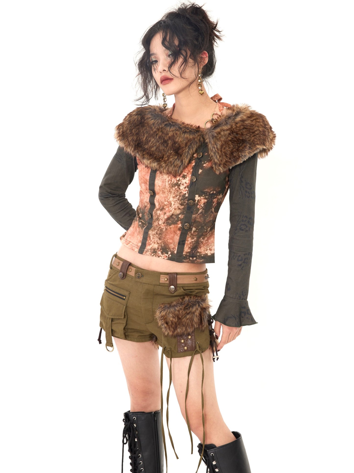 Wool-collar spliced printed top