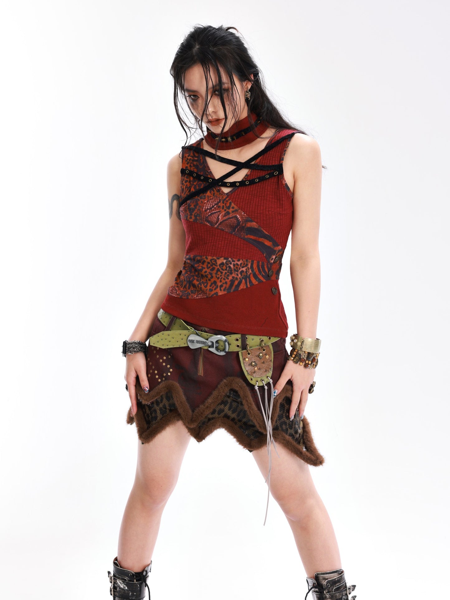 Faux leather denim double stitching skirt + belt