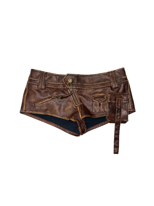 Retro punk wipe color faux leather low-waisted short shorts