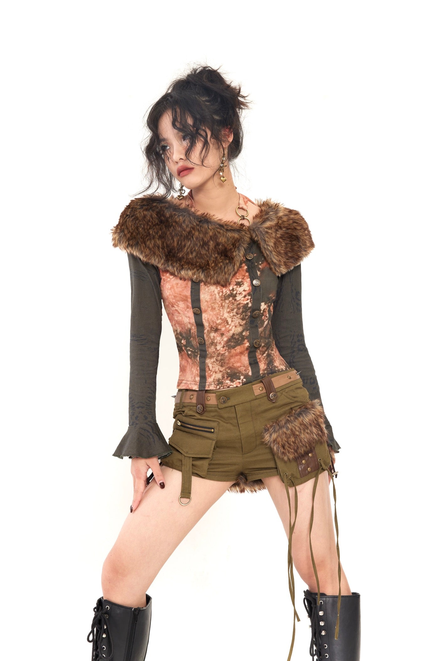 Wool-collar spliced printed top