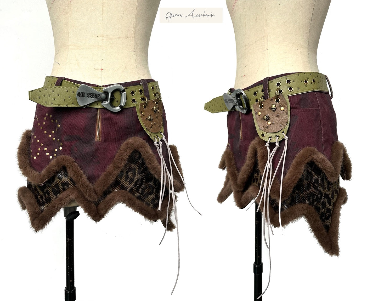 Faux leather denim double stitching skirt + belt