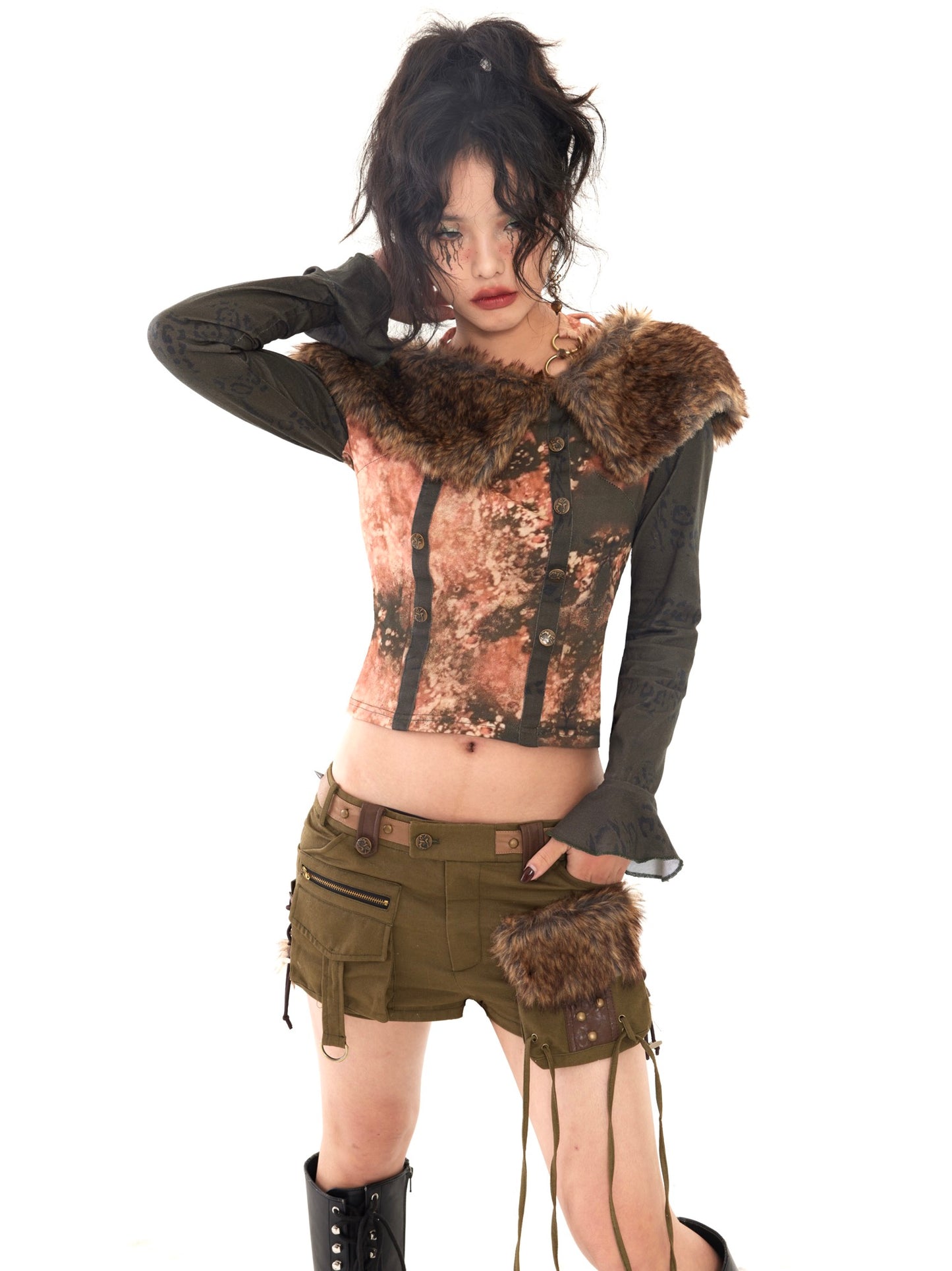 Wool-collar spliced printed top