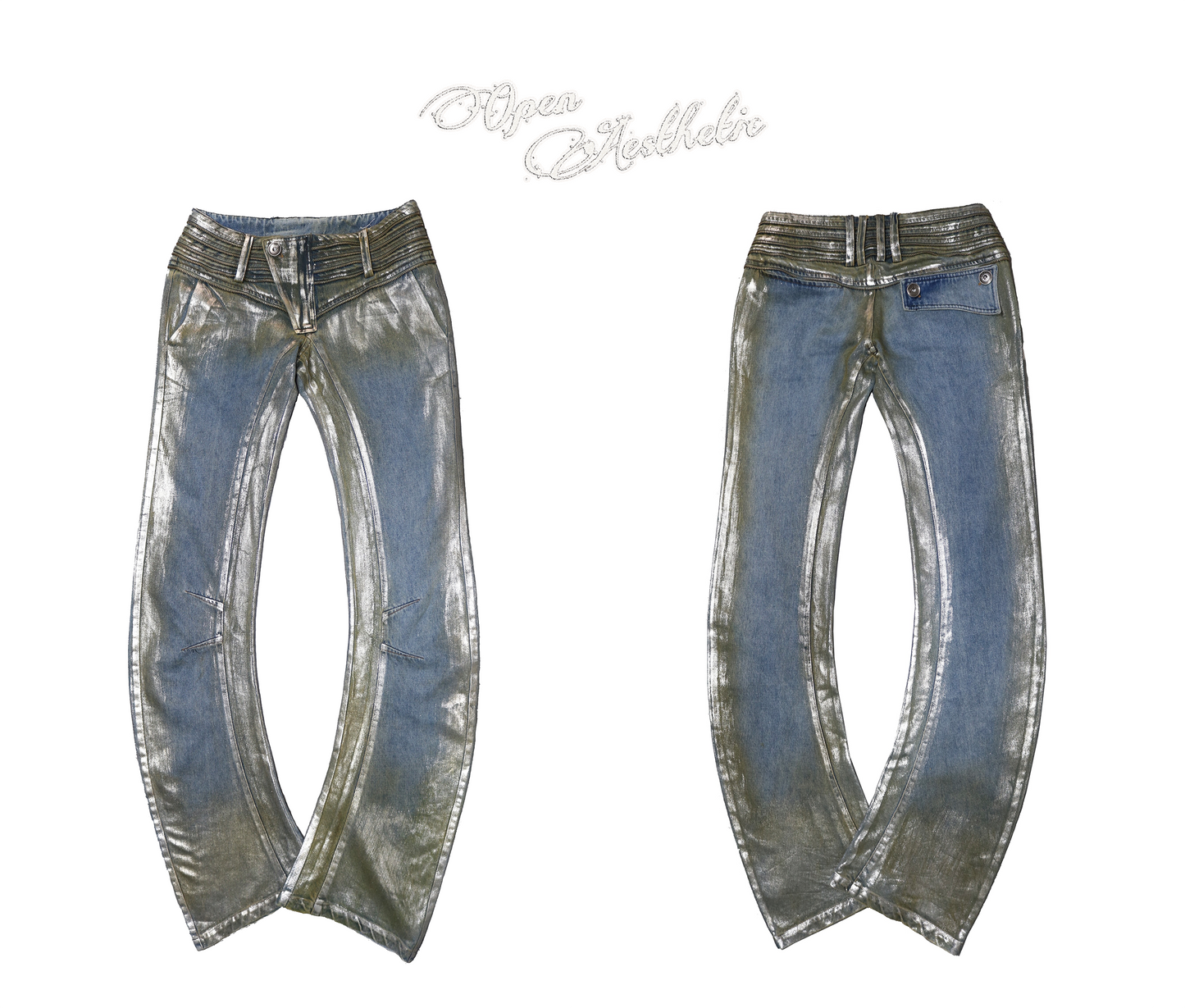 Vintage Washed Denim Jeans with Silver Foil & Curved Hem