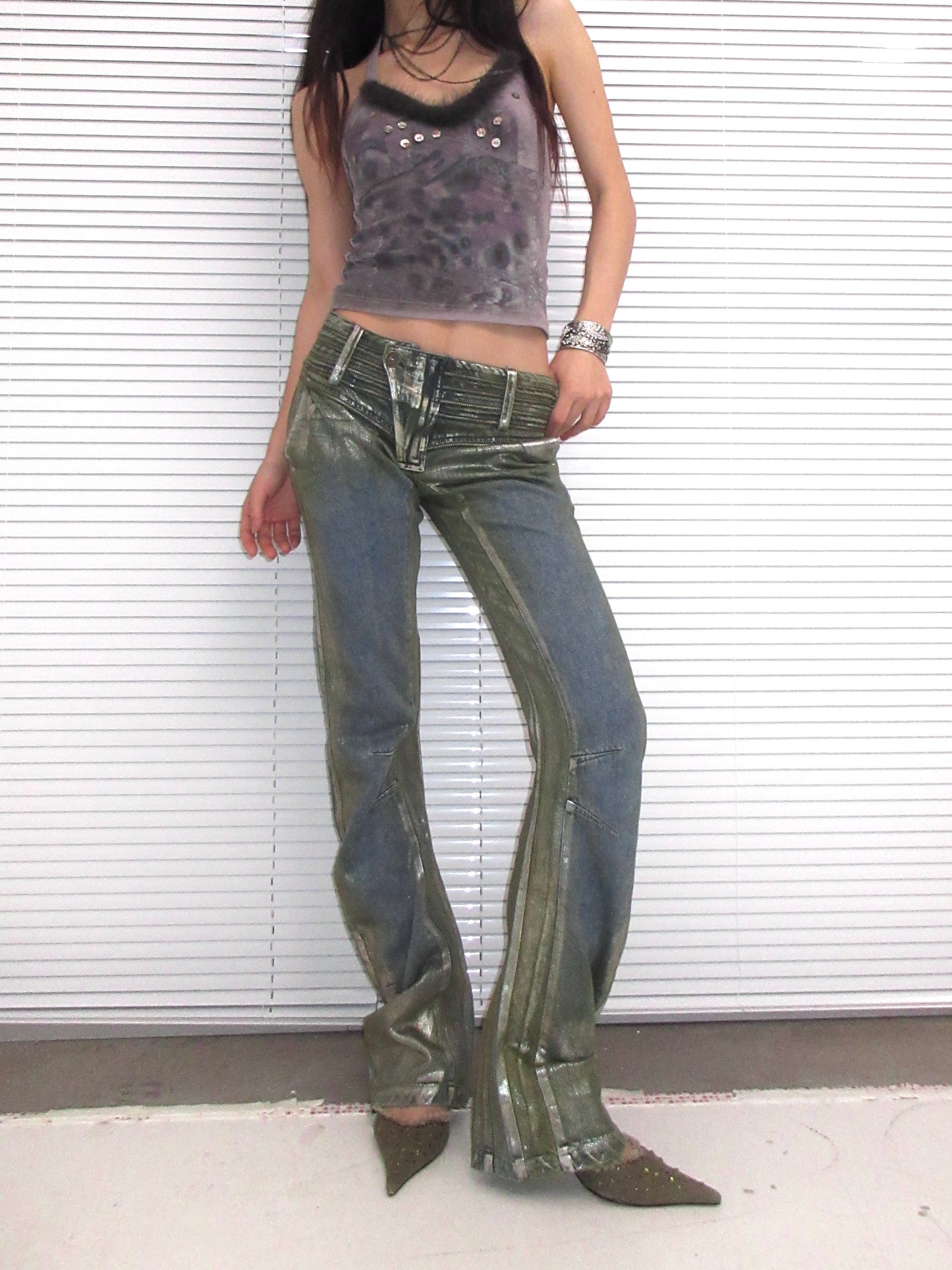 Vintage Washed Denim Jeans with Silver Foil & Curved Hem