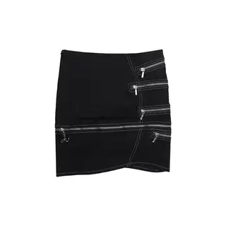 Black Denim Bodycon Skirt with Multiple Zippers and Detachable Hem