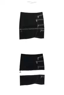 Black Denim Bodycon Skirt with Multiple Zippers and Detachable Hem
