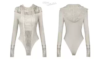 Lace and Jersey Paneled Hooded Long Sleeve Bodysuit