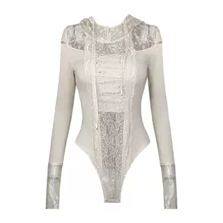 Lace and Jersey Paneled Hooded Long Sleeve Bodysuit