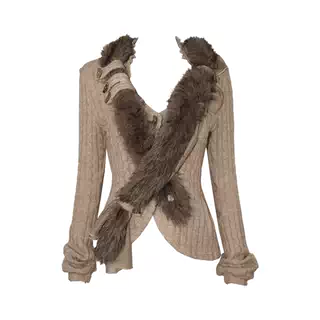 Asymmetric Cross-Front Stretch Knit Cardigan with Detachable Fur Collar