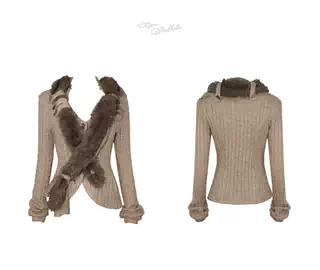 Asymmetric Cross-Front Stretch Knit Cardigan with Detachable Fur Collar