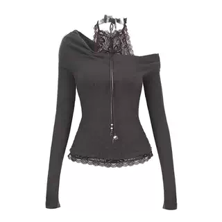 Dark Lace and Knit Faux Two-Piece Halter Top