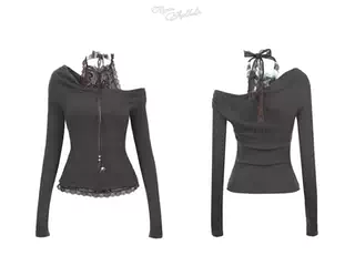 Dark Lace and Knit Faux Two-Piece Halter Top