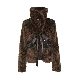 Brown Cropped Faux Fur Jacket with Lace-Up Trim and Rhinestone Detail