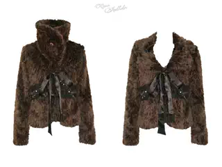Brown Cropped Faux Fur Jacket with Lace-Up Trim and Rhinestone Detail