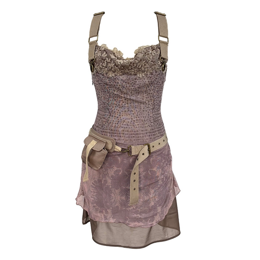 Printed tulle lace embroidered patchwork dress with belt