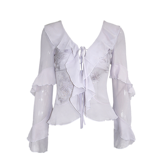 Embroidered & Crystal-Embellished Long-Sleeve Chiffon Top with Lace-Up Detail