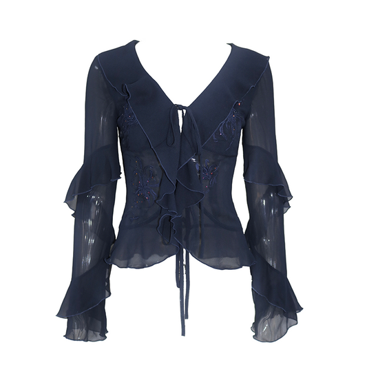 Embroidered & Crystal-Embellished Long-Sleeve Chiffon Top with Lace-Up Detail