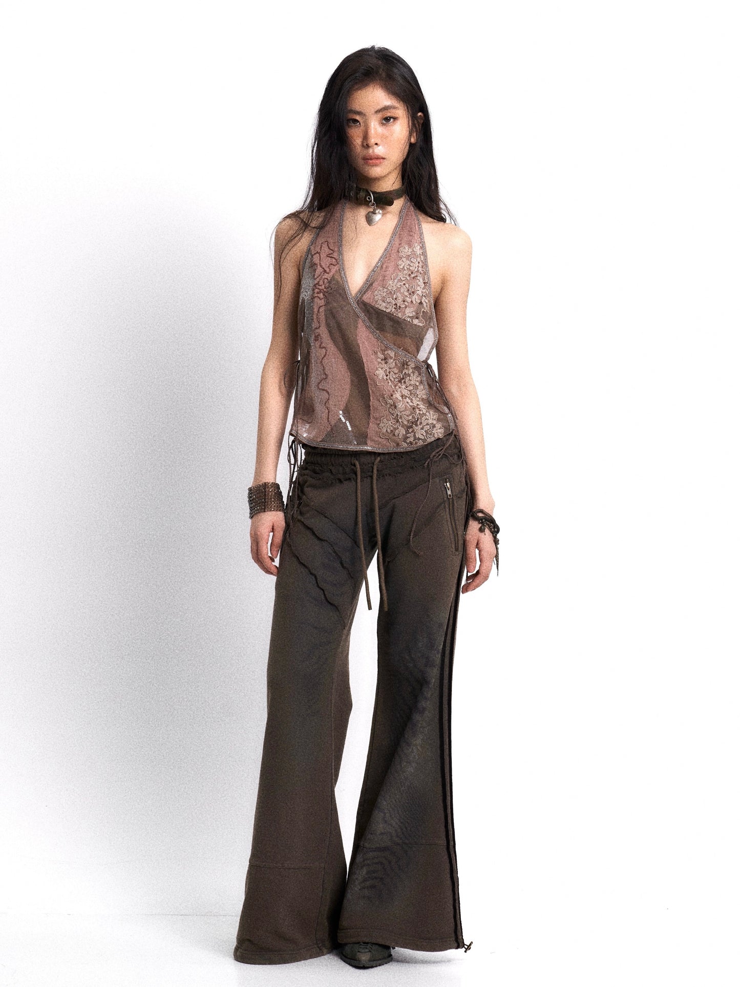 Beaded embroidery decorated chiffon halter top