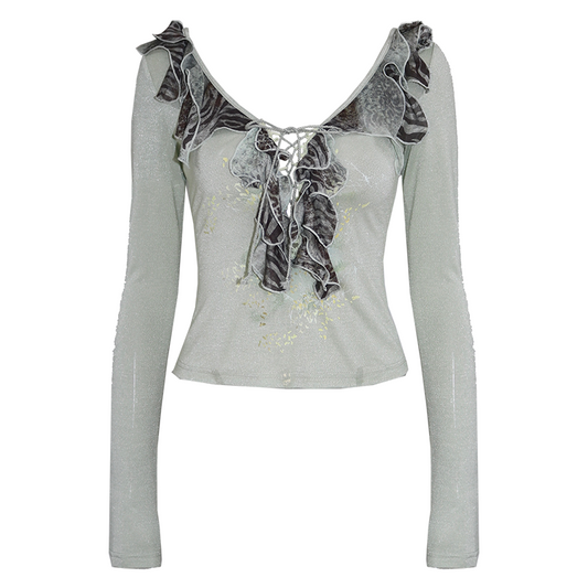 Printed V-Neck Long-Sleeve Stretch Top with Back Chain Detail