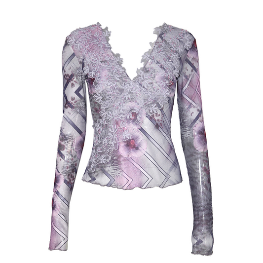Embroidered Long-Sleeve Mesh Top with Lace-Patterned Print