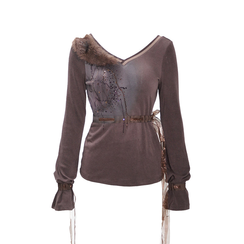 Detachable fur collar elastic knit long-sleeved top