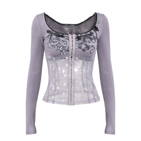 Printed Mesh & Knit Panel Long-Sleeve Top
